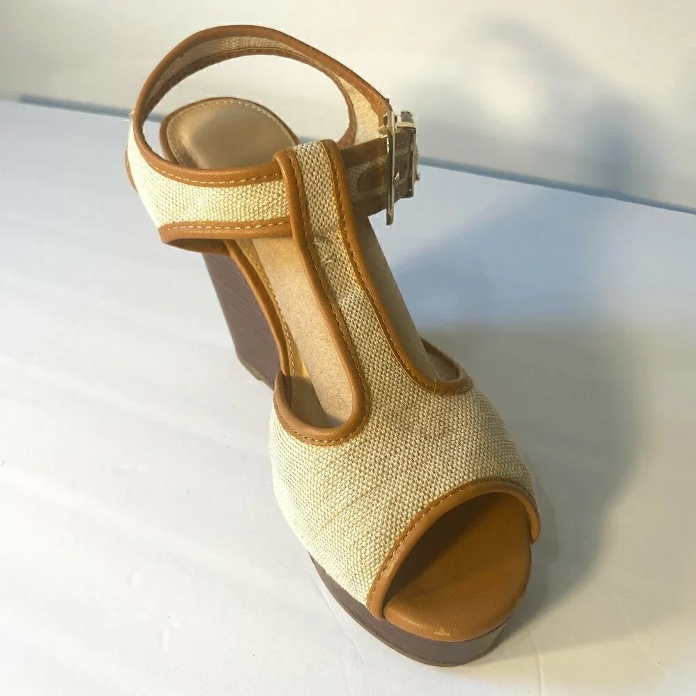 Natural Color Fabric T-Strap Wedge Sandal SZ 9W